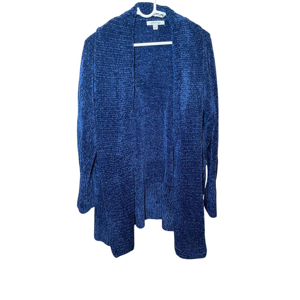 ORVIS Chenille Shawl Collar Cardigan Knitted Open Front Blue Womens Size L NWT